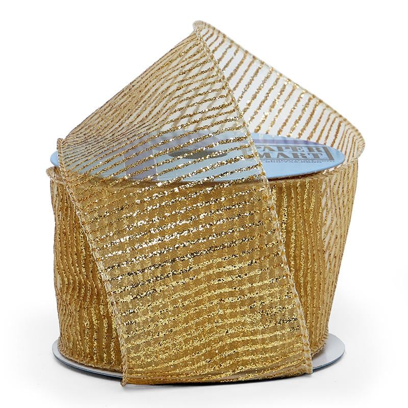 Gold Sheer Metallic Glitter Stripes on Wired Ribbon – 2.5" x 10 Yards (1 Roll)