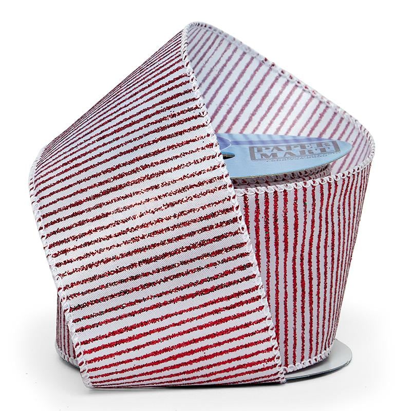 Red/White Metallic Glitter Stripes on Wired Ribbon – 2.5" x 10 Yards (1 Roll)