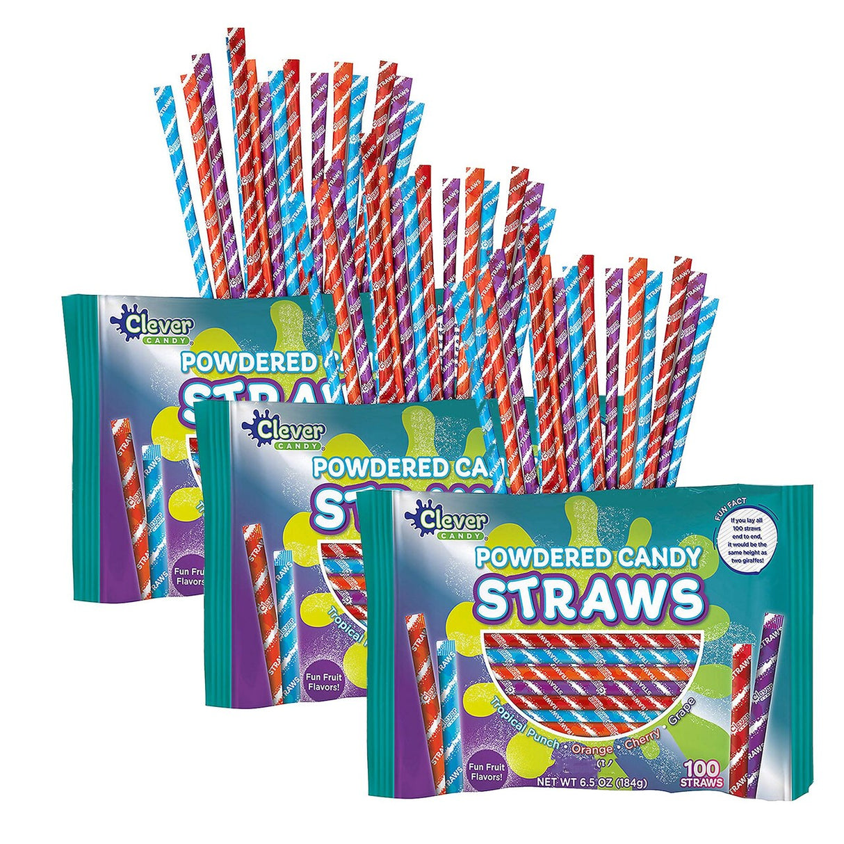 Clever Candy Powdered Fruit Flavor Candy Straws – 100 Count, 6.5 oz