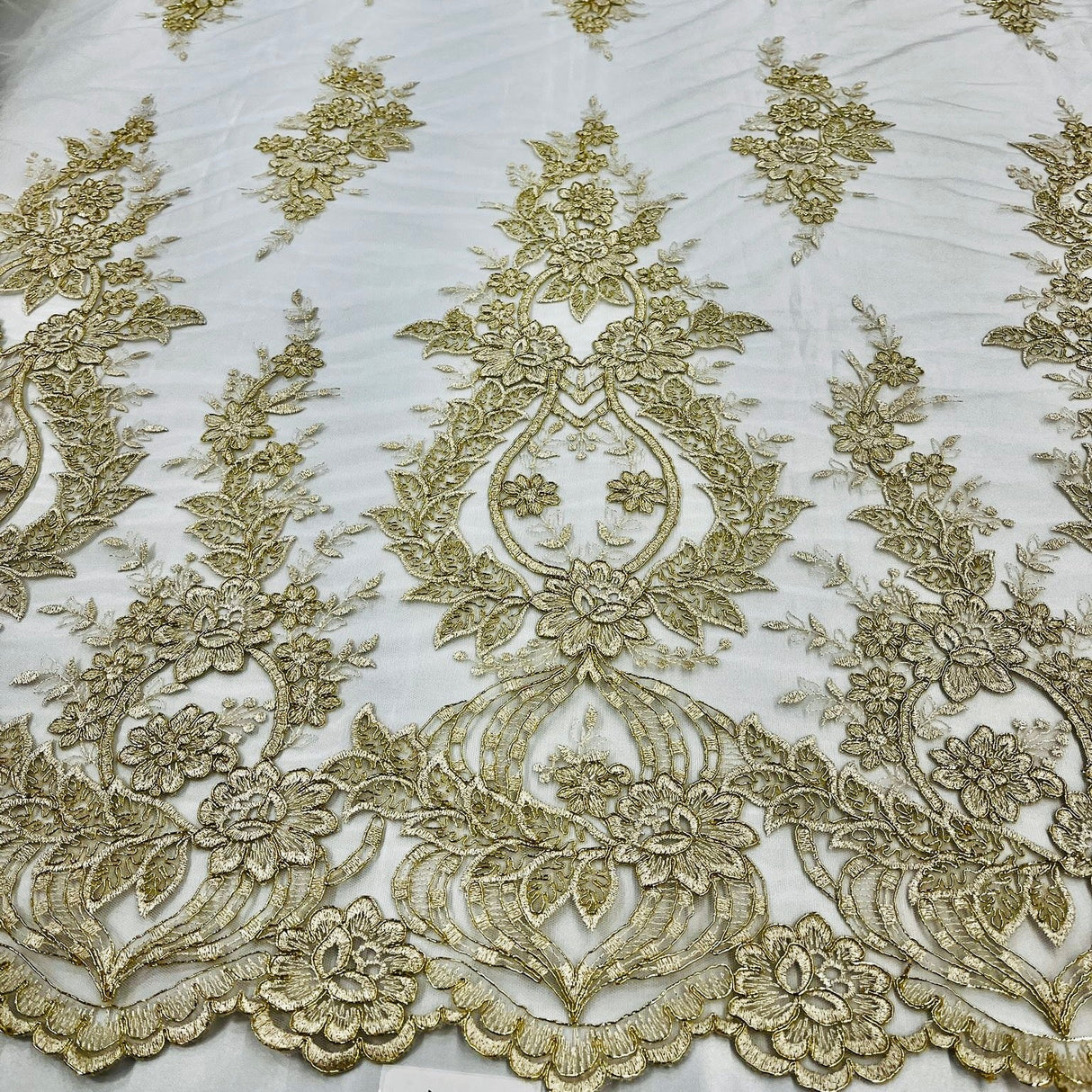 1 Yard Exquisite Corded Bridal Lace Fabric Embroidered on Premium Polyester Mesh 54