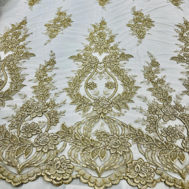 1 Yard Sophisticated Corded Bridal Lace Fabric Embroidered on 100% Polyester Net Mesh White