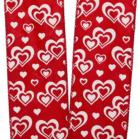 Cinta con brillo Lots Of Love Corazones rojos / blancos por doquier Satín 2 1/2'' 10 yd - 1 / ROLLO