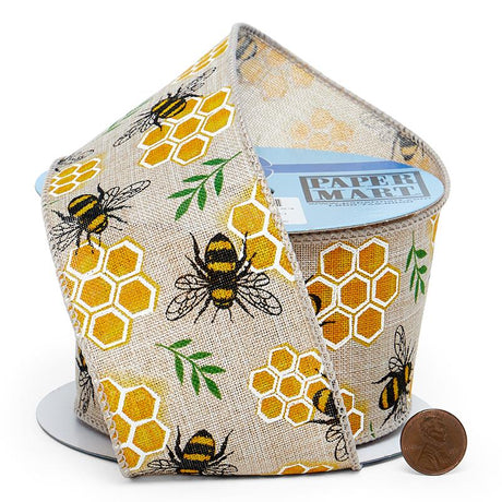 Honey Bees Faux Linen Wired Ribbon 2 1/2 '' X 10 yd - 1 / ROLL
