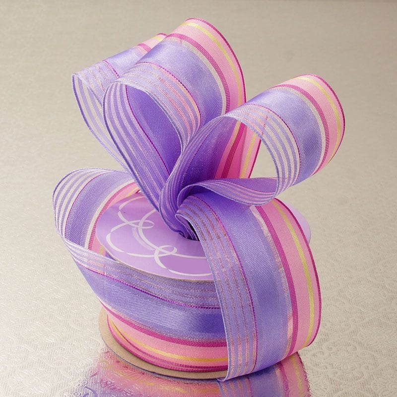 Satin Sheer Multi Colored Striped Wired Ribbon 1 1/2 '' X 10 yd Lavender / Pink Color 1 / ROLL