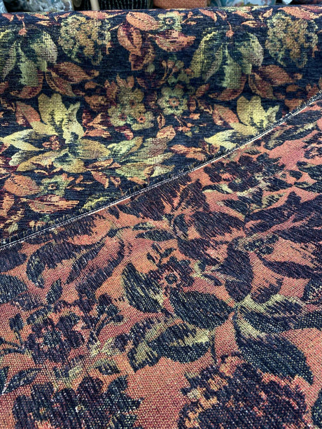 Midnight Floral Leaves Merrimac Barrow Chenille Fabric - Black Background With Red, Green, Gold Floral Design, 56" Width (1 Yard)