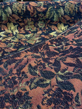 Midnight Floral Leaves Merrimac Barrow Chenille Fabric - Black Background With Red, Green, Gold Floral Design, 56" Width (1 Yard)