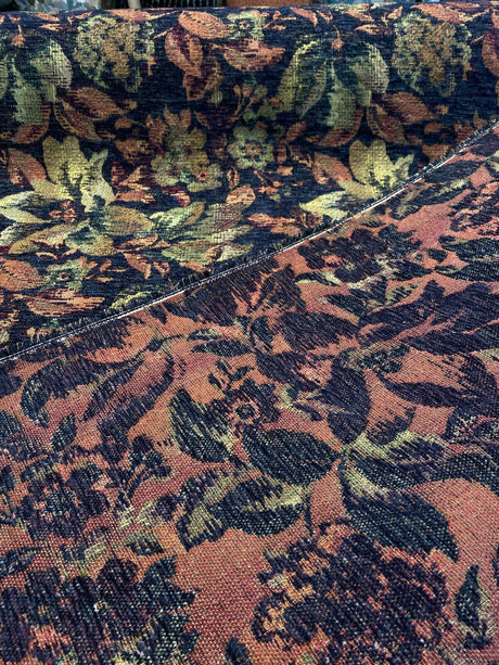 Midnight Floral Leaves Merrimac Barrow Chenille Fabric - Black Background With Red, Green, Gold Floral Design, 56" Width (1 Yard)