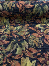 Midnight Floral Leaves Merrimac Barrow Chenille Fabric - Black Background With Red, Green, Gold Floral Design, 56" Width (1 Yard)