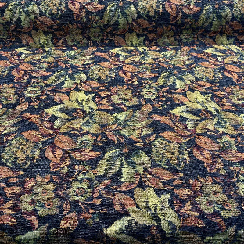 Midnight Floral Leaves Merrimac Barrow Chenille Fabric - Black Background With Red, Green, Gold Floral Design, 56" Width (1 Yard)