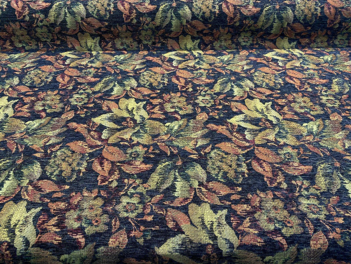 Midnight Floral Leaves Merrimac Barrow Chenille Fabric - Black Background With Red, Green, Gold Floral Design, 56" Width (1 Yard)