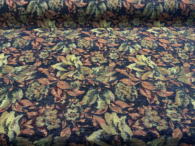 Midnight Floral Leaves Merrimac Barrow Chenille Fabric - Black Background With Red, Green, Gold Floral Design, 56" Width (1 Yard)