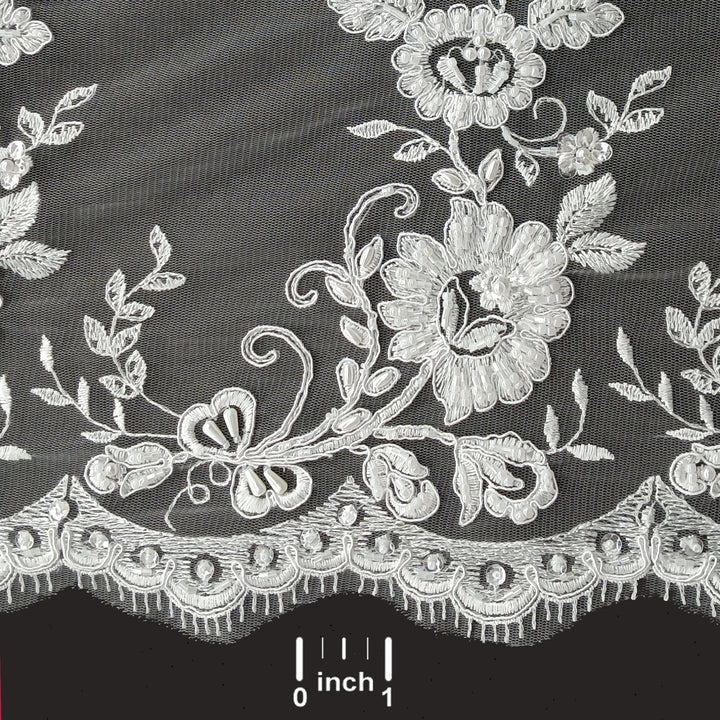 1 Yard Luxury Beaded and Corded Bridal Lace Fabric Embroidered on 100% Polyester Net Mesh White