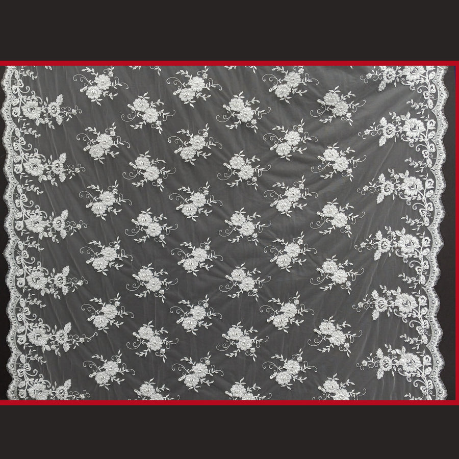 1 Yard Elegant Beaded and Corded Bridal Lace Fabric Embroidered on Polyester Net Mesh