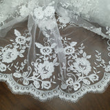 1 Yard Luxury Beaded and Corded Bridal Lace Fabric Embroidered on 100% Polyester Net Mesh White