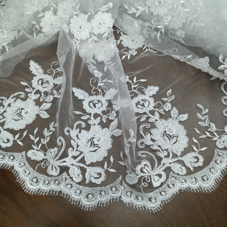 Beaded Corded Bridal Lace Fabric - Embroidered Polyester Net Mesh, 48" Width, White, Ivory (1 Yard)
