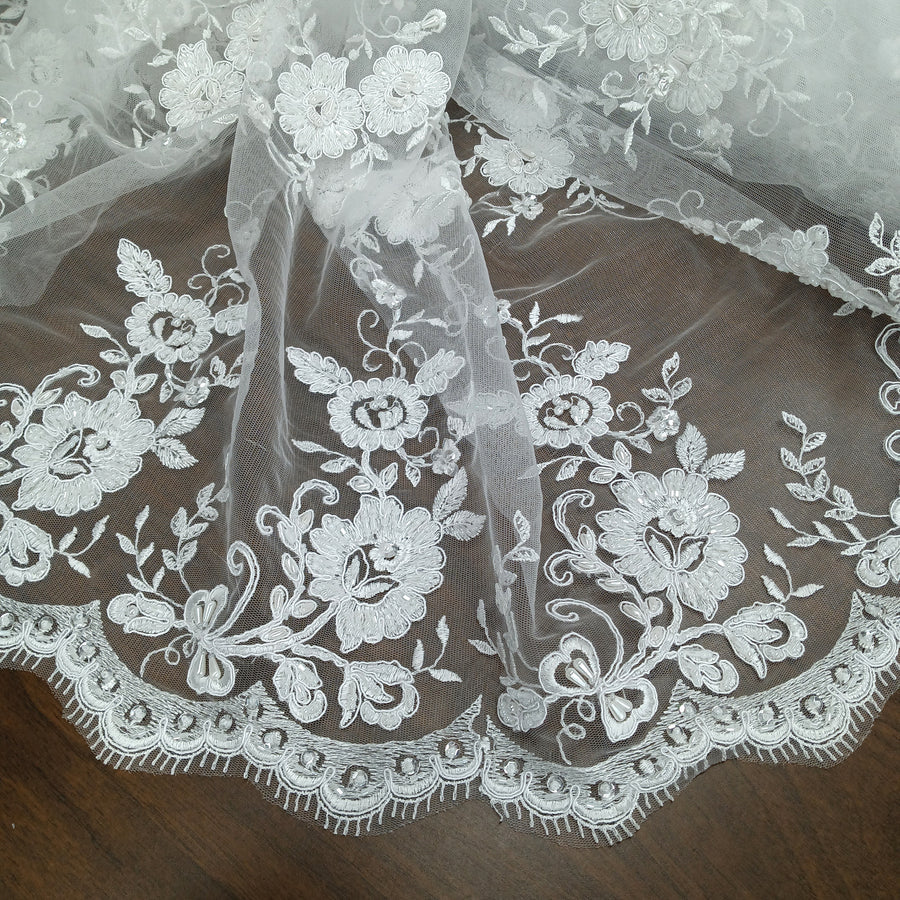 1 Yard Elegant Beaded and Corded Bridal Lace Fabric Embroidered on Polyester Net Mesh