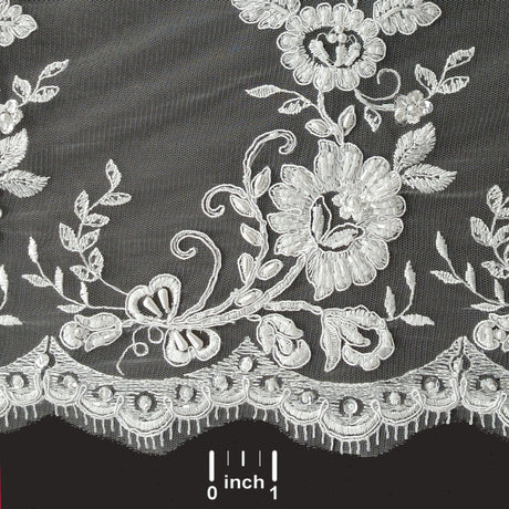 Beaded Corded Bridal Lace Fabric - Embroidered Polyester Net Mesh, 48" Width, White, Ivory (1 Yard)