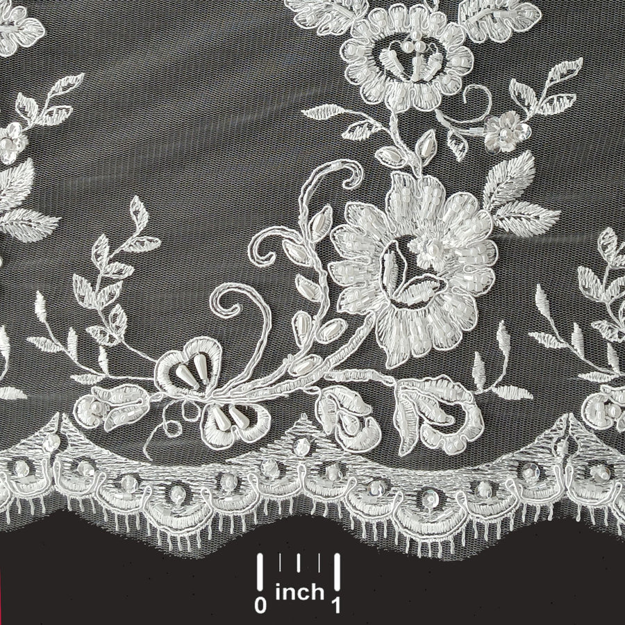 1 Yard Elegant Beaded and Corded Bridal Lace Fabric Embroidered on Polyester Net Mesh