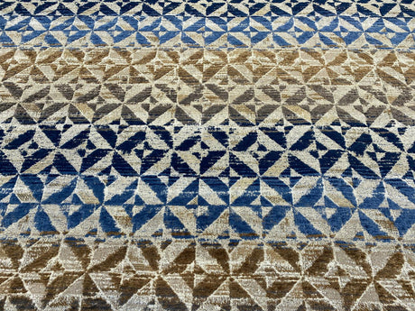 Barrow Temptation Chenille Upholstery Fabric - Regatta Blue, Navy Blue/Blue Brown/Tan On Beige Cream Background, 58" Width (1 Yard)