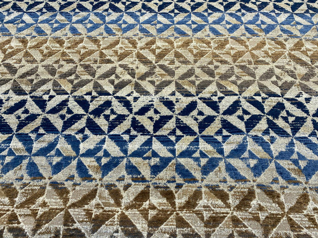 Barrow Temptation Chenille Upholstery Fabric - Regatta Blue, Navy Blue/Blue Brown/Tan On Beige Cream Background, 58" Width (1 Yard)