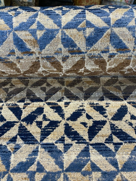 Barrow Temptation Chenille Upholstery Fabric - Regatta Blue, Navy Blue/Blue Brown/Tan On Beige Cream Background, 58" Width (1 Yard)