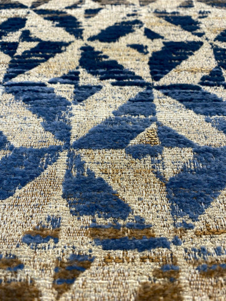 Barrow Temptation Chenille Upholstery Fabric - Regatta Blue, Navy Blue/Blue Brown/Tan On Beige Cream Background, 58" Width (1 Yard)