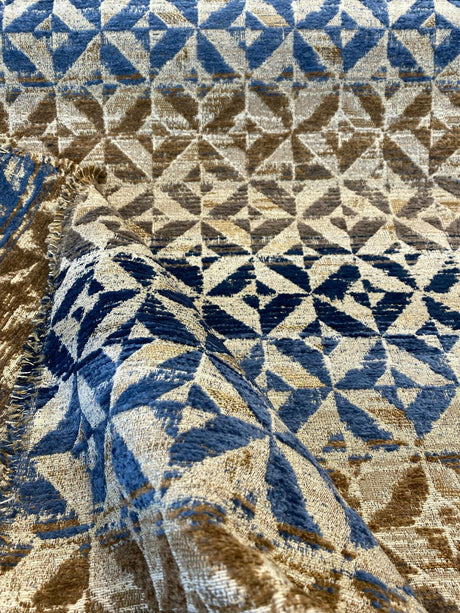 Barrow Temptation Chenille Upholstery Fabric - Regatta Blue, Navy Blue/Blue Brown/Tan On Beige Cream Background, 58" Width (1 Yard)