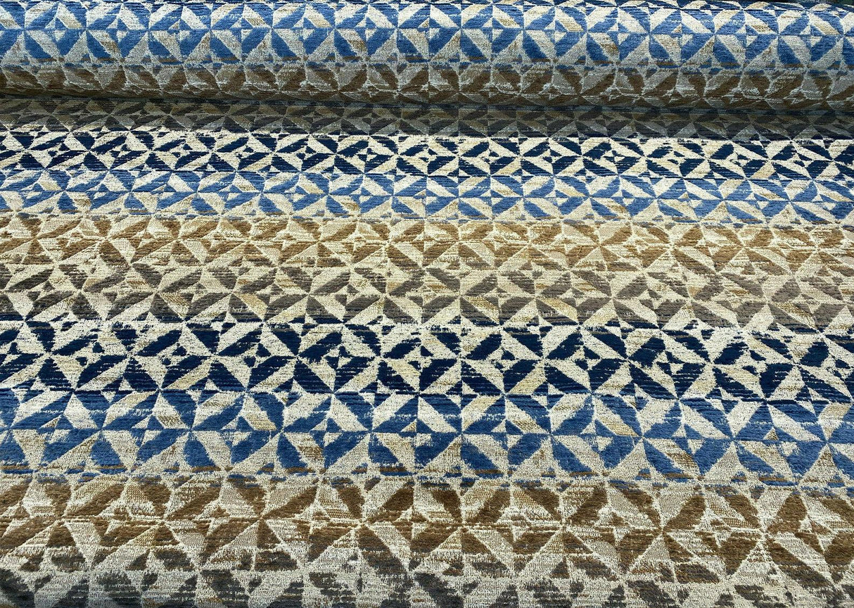 Barrow Temptation Chenille Upholstery Fabric - Regatta Blue, Navy Blue/Blue Brown/Tan On Beige Cream Background, 58" Width (1 Yard)