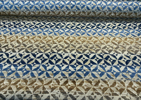 Barrow Temptation Chenille Upholstery Fabric - Regatta Blue, Navy Blue/Blue Brown/Tan On Beige Cream Background, 58" Width (1 Yard)