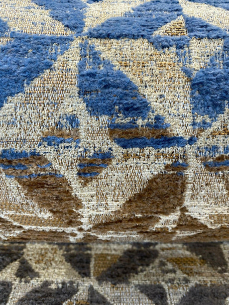 Barrow Temptation Chenille Upholstery Fabric - Regatta Blue, Navy Blue/Blue Brown/Tan On Beige Cream Background, 58" Width (1 Yard)
