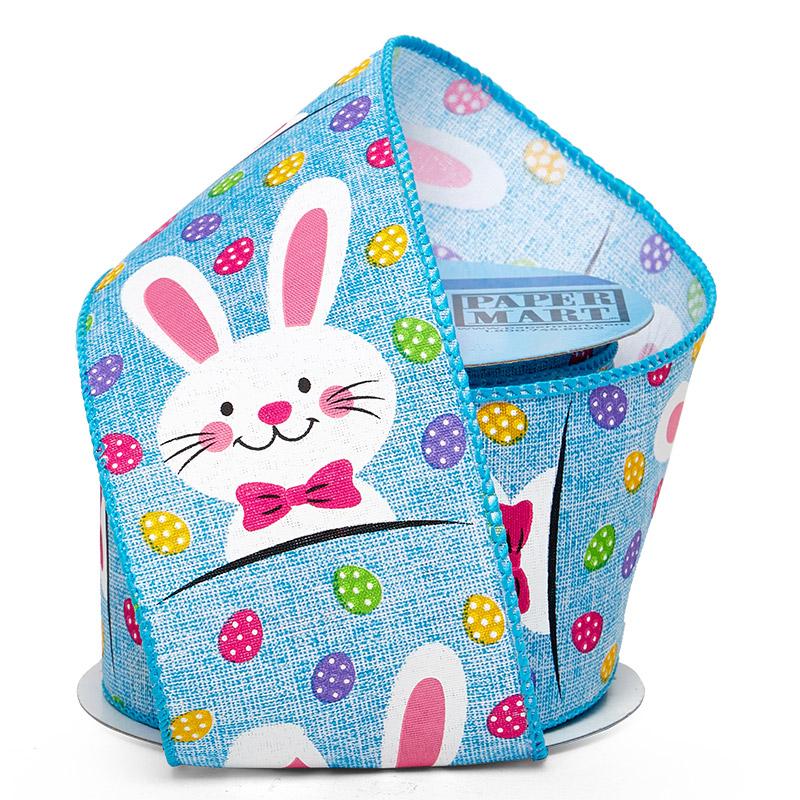 Easter Bunny Print On Wired Ribbon Blue Color 1 / ROLL