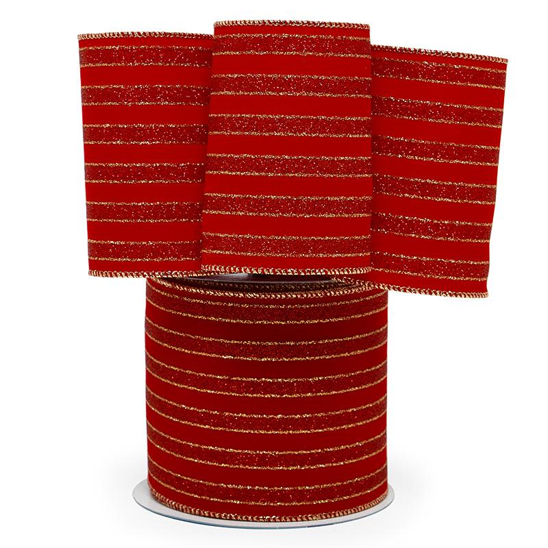 Regal Striped Flocked Velvet Wired Ribbon 4 '' X 10 yd Red Color 1 / roll