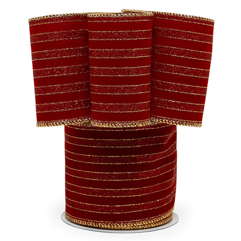 Regal Striped Flocked Velvet Wired Ribbon 4 '' X 10 yd Burgundy Color 1 / roll