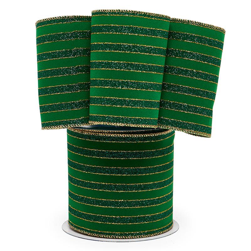 Regal Striped Flocked Velvet Wired Ribbon 4 '' X 10 yd Emerald Color 1 / roll