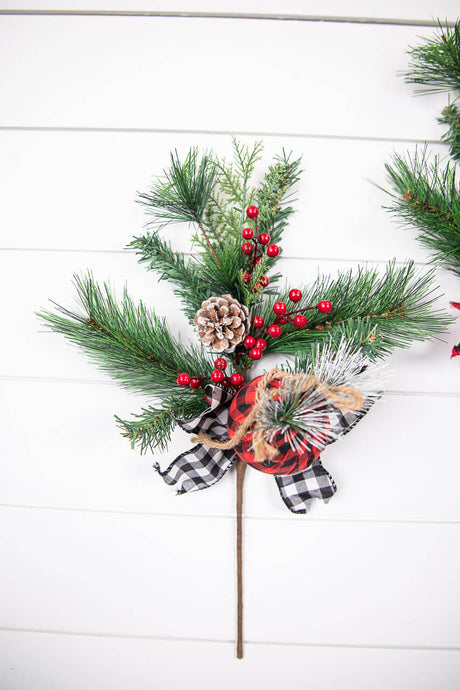 18” Holiday Pine Pick with Buffalo Check Ornament & Berries