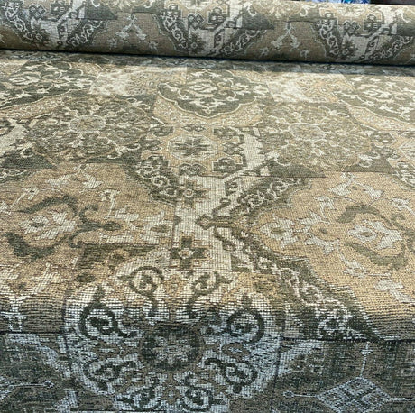 Barrow Chenille Upholstery Fabric - Thyme Green, Antique Green With Beige And Antique Gold Design, 56" Width (1 Yard)