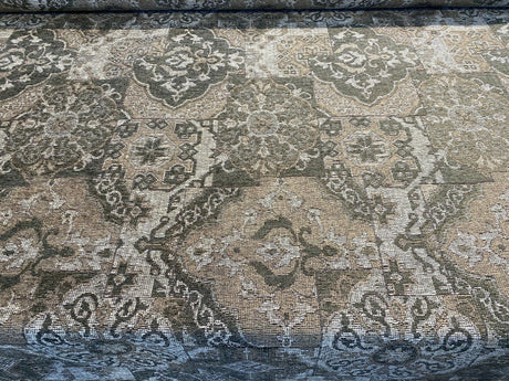 Barrow Chenille Upholstery Fabric - Thyme Green, Antique Green With Beige And Antique Gold Design, 56" Width (1 Yard)