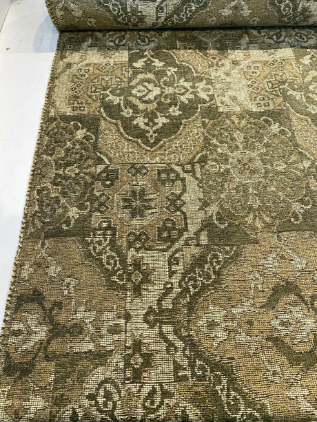 Barrow Chenille Upholstery Fabric - Thyme Green, Antique Green With Beige And Antique Gold Design, 56" Width (1 Yard)