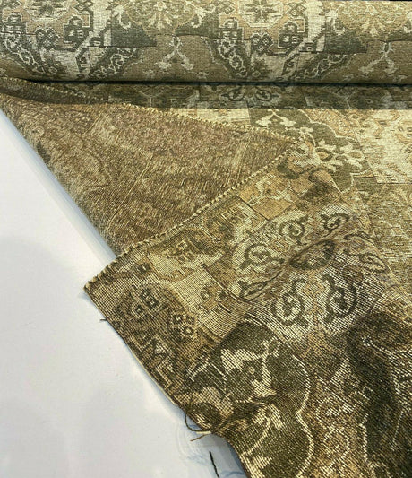 Barrow Chenille Upholstery Fabric - Thyme Green, Antique Green With Beige And Antique Gold Design, 56" Width (1 Yard)