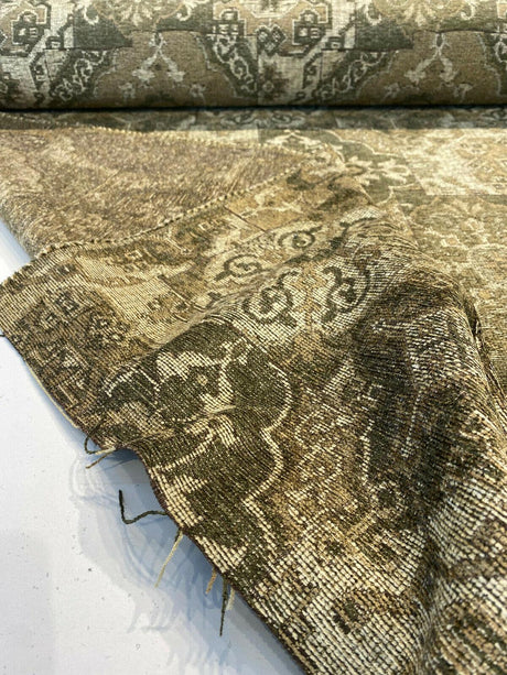 Barrow Chenille Upholstery Fabric - Thyme Green, Antique Green With Beige And Antique Gold Design, 56" Width (1 Yard)