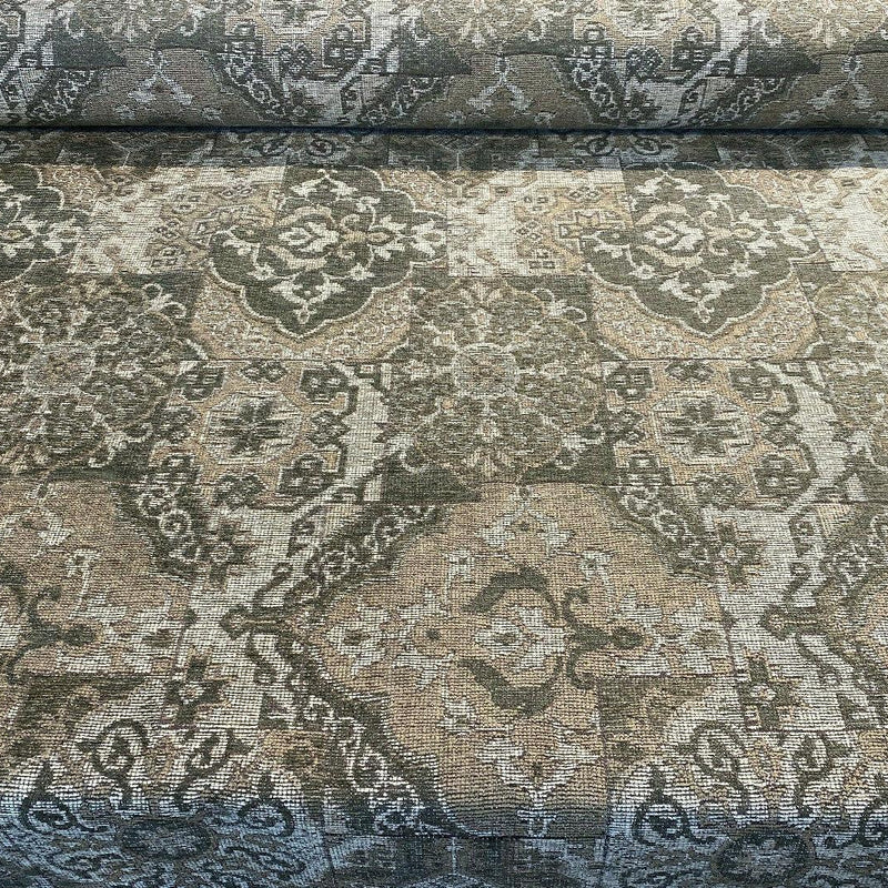 Barrow Chenille Upholstery Fabric - Thyme Green, Antique Green With Beige And Antique Gold Design, 56" Width (1 Yard)