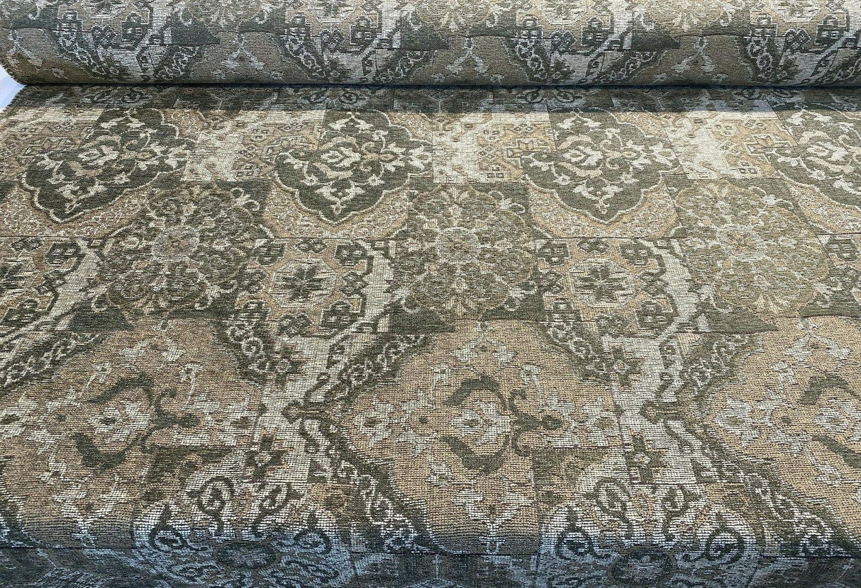 Barrow Chenille Upholstery Fabric - Thyme Green, Antique Green With Beige And Antique Gold Design, 56" Width (1 Yard)