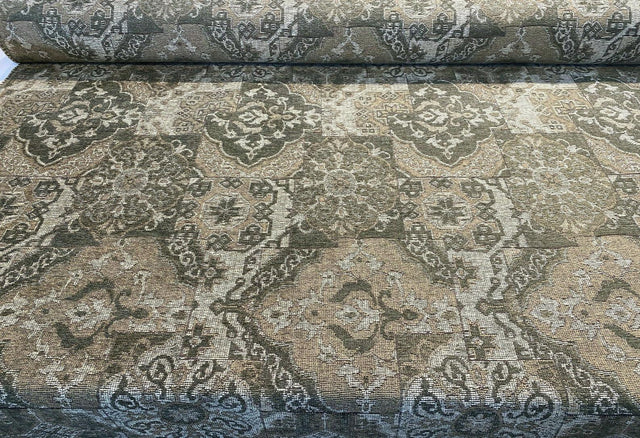 Barrow Chenille Upholstery Fabric - Thyme Green, Antique Green With Beige And Antique Gold Design, 56" Width (1 Yard)