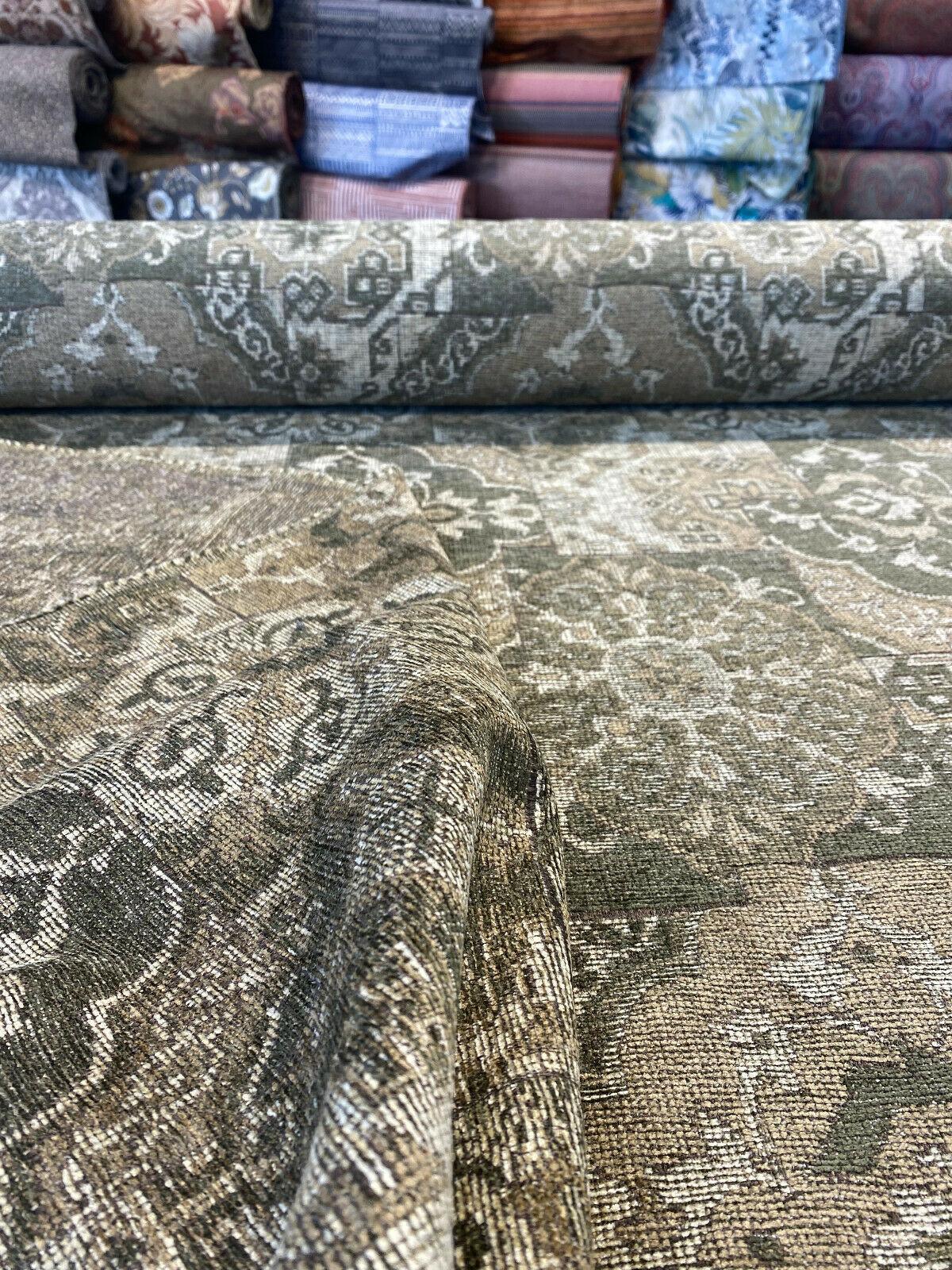 Barrow Chenille Upholstery Fabric - Thyme Green, Antique Green With Beige And Antique Gold Design, 56" Width (1 Yard)