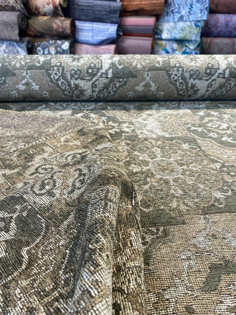 Barrow Chenille Upholstery Fabric - Thyme Green, Antique Green With Beige And Antique Gold Design, 56" Width (1 Yard)