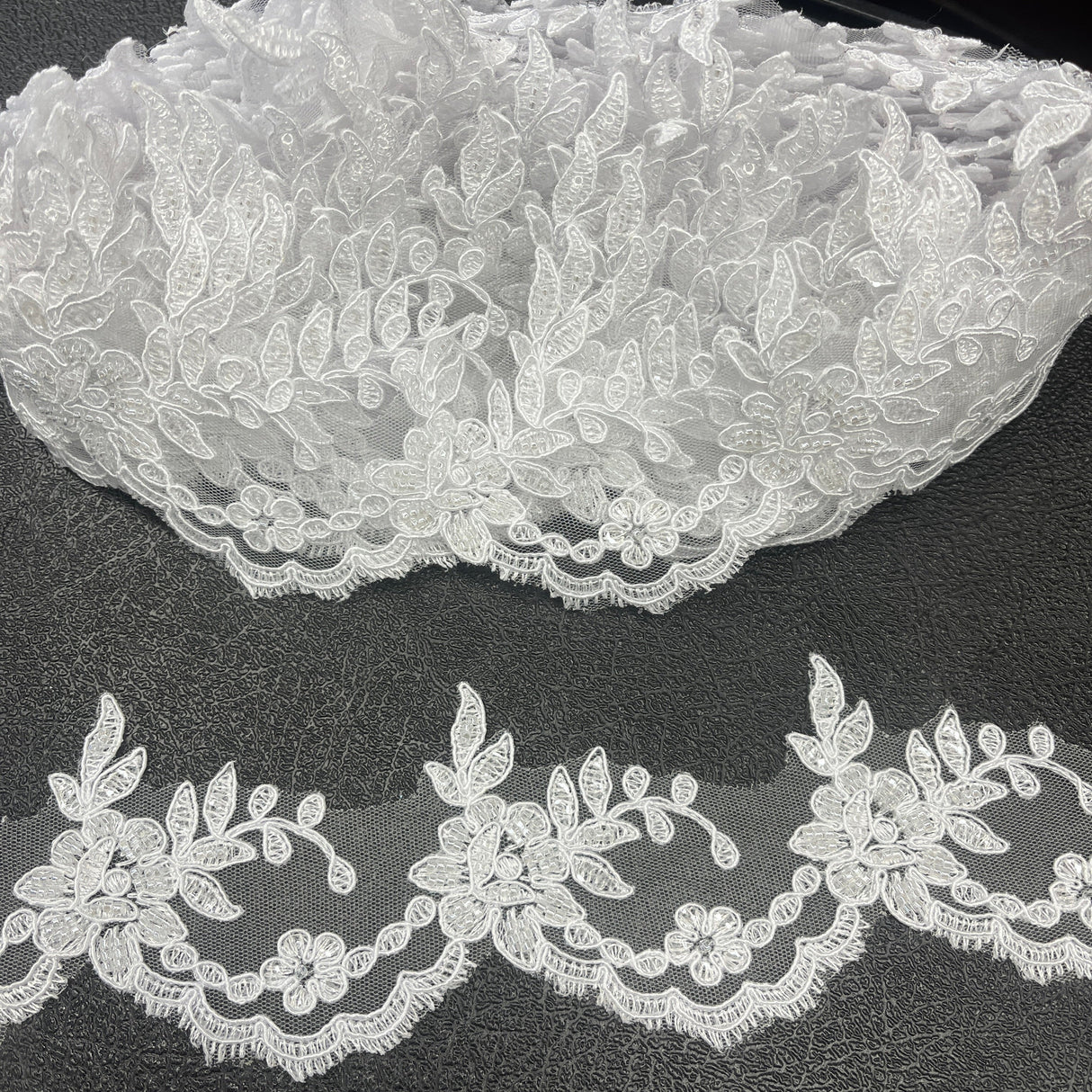 Beaded & Corded Lace Trimming Embroidered On 100% Polyester Net Mesh - Beaded Corded Embroidered Lace Fabric, 3" Wide, Gold, Ivory, Silver, White (1 Yard)