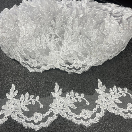 Beaded & Corded Lace Trimming Embroidered On 100% Polyester Net Mesh - Beaded Corded Embroidered Lace Fabric, 3" Wide, Gold, Ivory, Silver, White (1 Yard)
