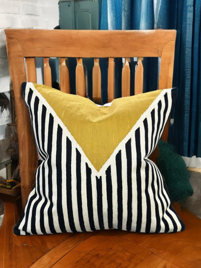 VIVA012 Polyester Fabric - White Base, Black & Ivory Geometric Embroidery, Mustard Graphic, 20" X 20" (1 Piece)