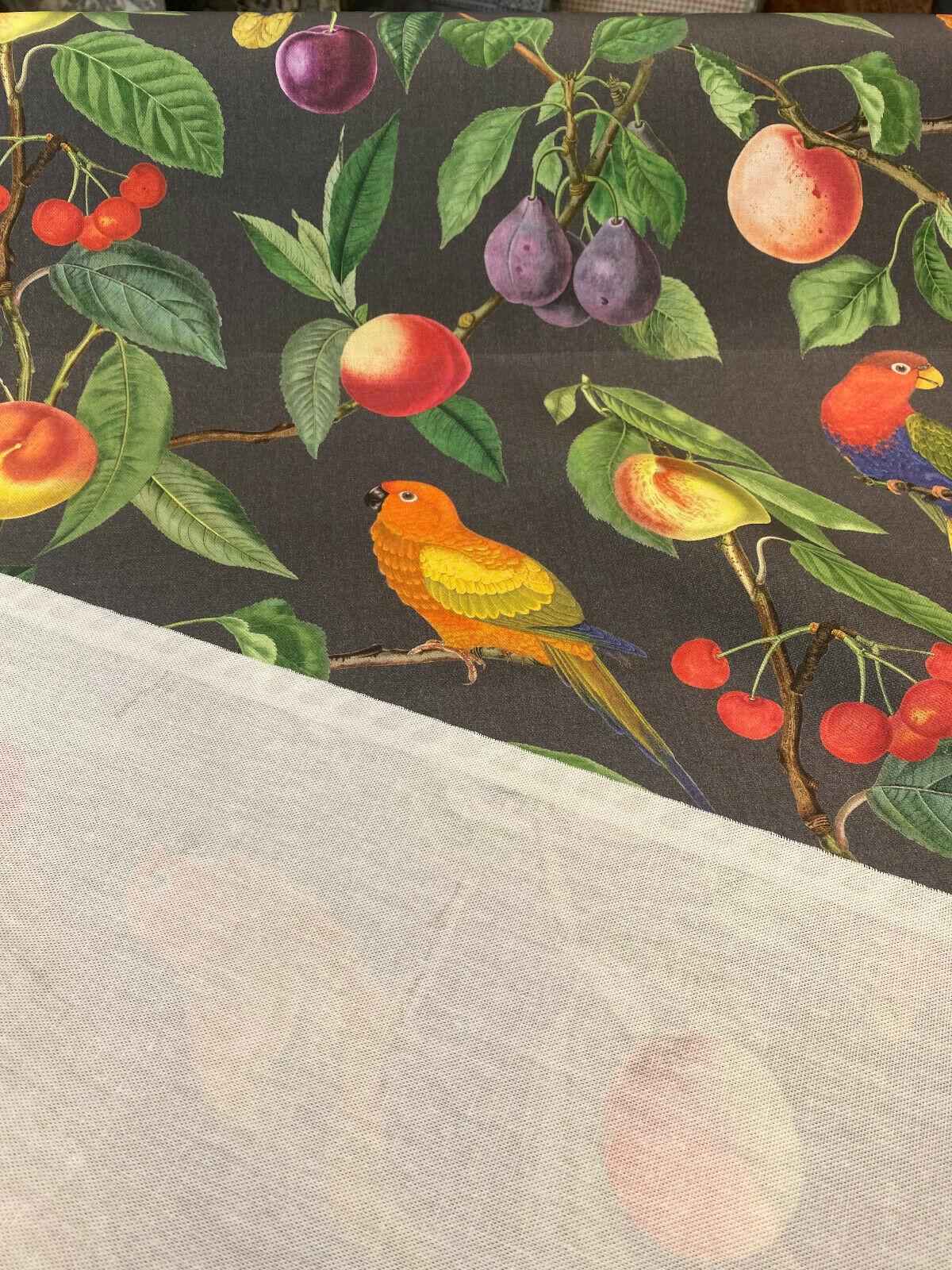 Parrots Macaw Bird Fruits Noir Cotton Fabric - Green Leaves, Blue Red And Orange Birds, 54" Width, 25" Horizontal Repeat, 24" Vertical Repeat (1 Yard)