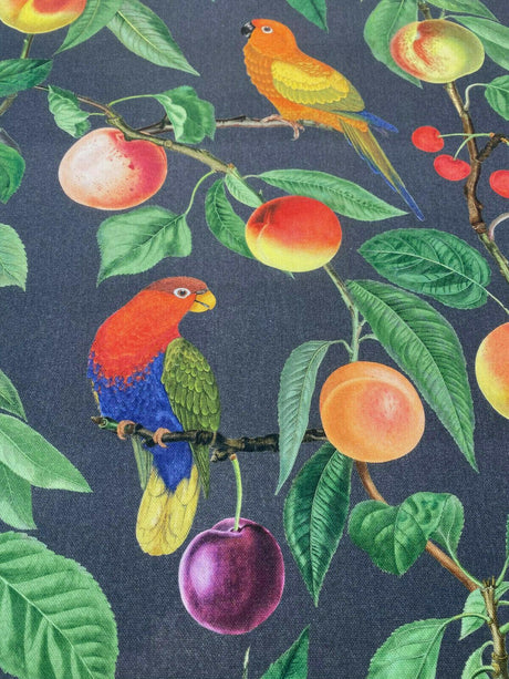 Parrots Macaw Bird Fruits Noir Cotton Fabric - Green Leaves, Blue Red And Orange Birds, 54" Width, 25" Horizontal Repeat, 24" Vertical Repeat (1 Yard)